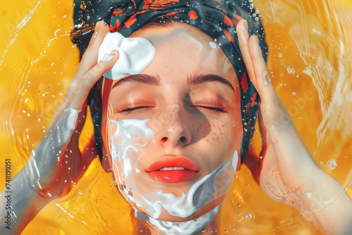 portrait of a woman with a towel on her head applying cleanser / moisturizer  photo