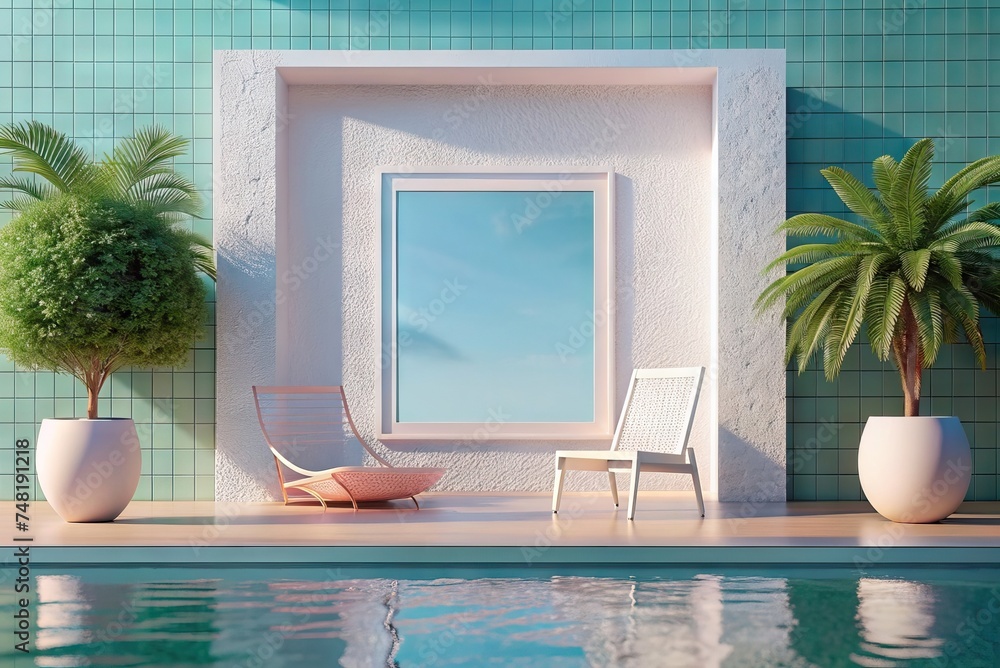 Mockup in outdoor area next to pool in soft colors