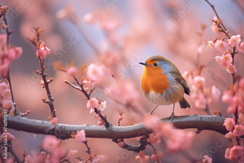 robin on branch of cherry blossom in early spring time