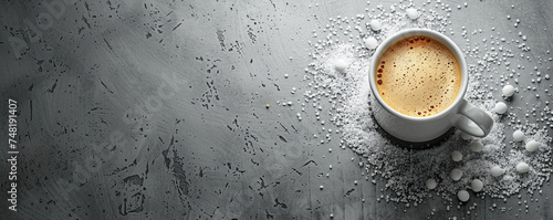 Hot coffee with milk and sugar on gray background Top view space to copy
