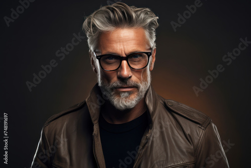 Portrait of a stylish mature man with a beard wearing glasses and a leather jacket against a dark background