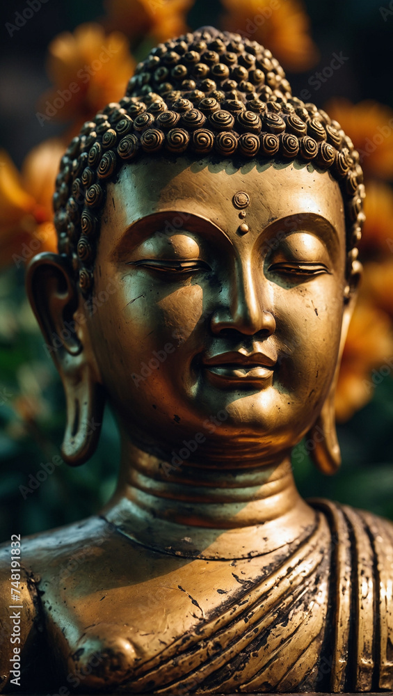 Detailed Portrait Golden Buddha Statue Meditation Isolated Background 
