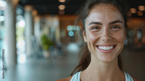 A radiant and fit woman smiles as she works out in the gym, embodying wellness and a dedication to a healthy lifestyle. Her positive energy and commitment to fitness inspire those around her. photo