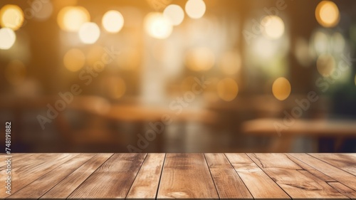 The empty wooden table top with blur background of cafe. Exuberant image. generative ai