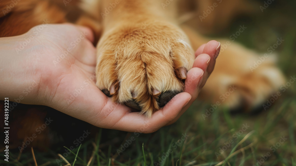 A loyal dog extends its paw to its owner, demonstrating love and trust in their special bond.