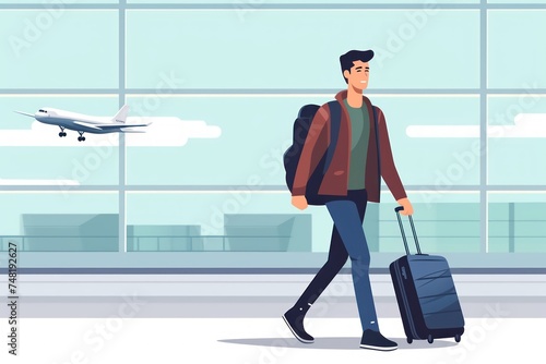 Young man walking with luggage in airport terminal. 2d flat cartoon illustration. Travel and Vacation Concept with Copy Space.