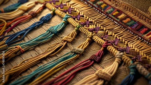 A detailed illustration of a Incan quipu a system of knotted cords used for counting and recording information in ancient South America.