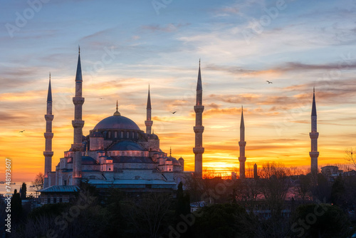 Sunset over The Blue Mosque (Sultanahmet Camii) in Istanbul, Turkey.