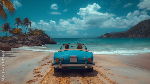 Vintage car on the beach at Seychelles. In the summer. generative ai art © gmm2000