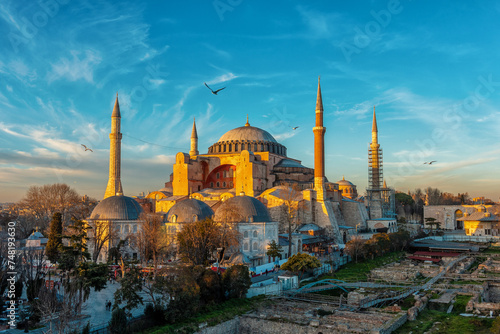 View of Hagia Sophia mosque during sunset in Istanbul, Turkey.
