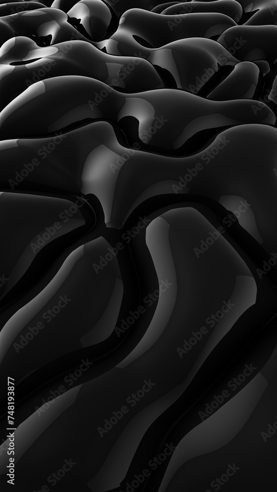 Obraz premium Abstract black vertical background. Smooth black wave. Glossy Plastic. Dark luxury texture. Oil, petroleum. Black tar, gum. 3d rendering illustration not AI