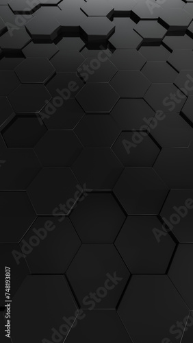 3d abstract black vertical background. Abstract dark hexagon mosaic wall. 3d rendering illustration not AI