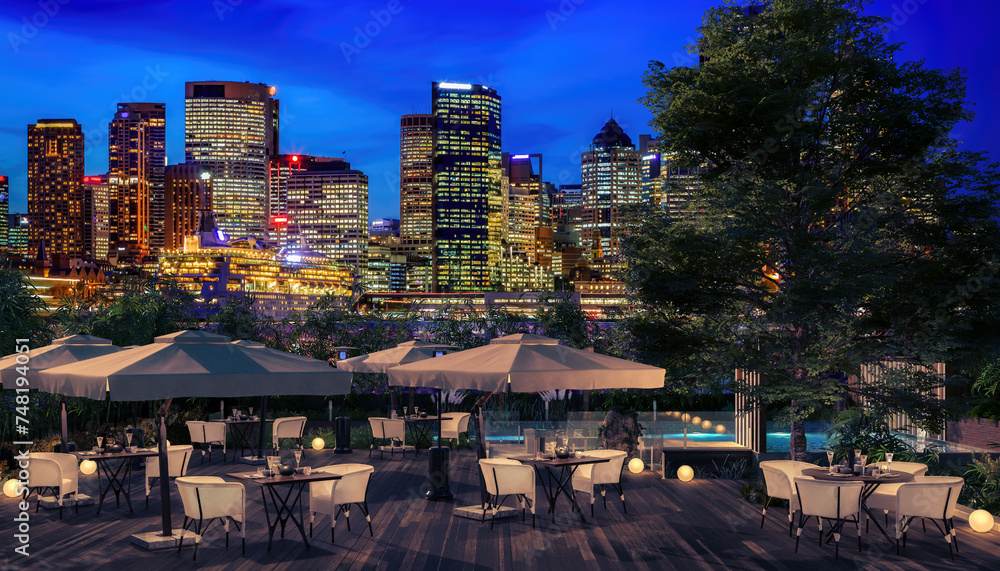 Architectural Visualization of a Exterior Restaurant Area with  City Skyline of Sidney - 3D Visualization