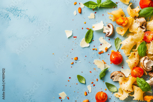 A mouthwatering plate of pasta with savory mushrooms, topped with grated parmesan cheese and garnished with fresh basil, is elegantly displayed on a light blue background.