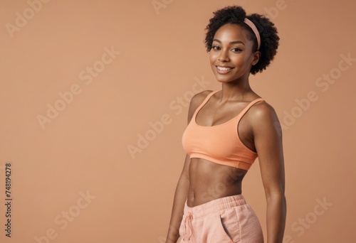 A woman in a sporty top and shorts, hands on hips, peach background. Her smile and relaxed pose convey a sense of comfort and confidence. photo