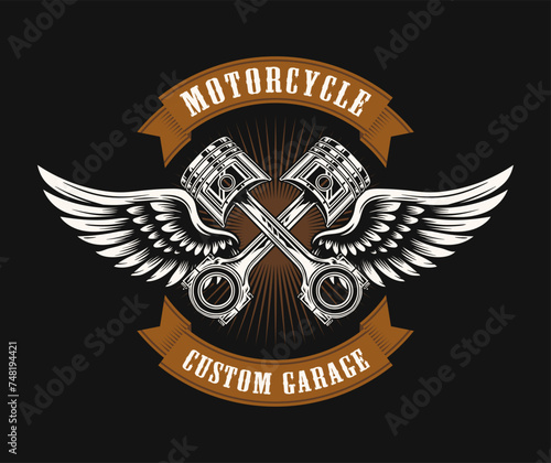 Motorcycle club emblem design with crossed wings and pistons