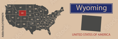 Vector map borders of the USA Wyoming state. State of Wyoming on the map of the United States of America.