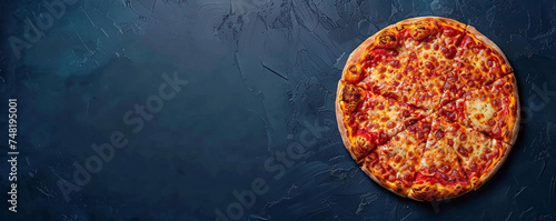 Melted cheese on a perfectly baked margherita pizza against a deep navy background Top view space to copy.
