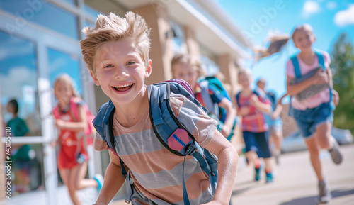 Beautiful portrait caucasian boy kid with school bag laughing at camera when group of pupils running out school on the last studying day before holidays. People's emotions and education concept image photo