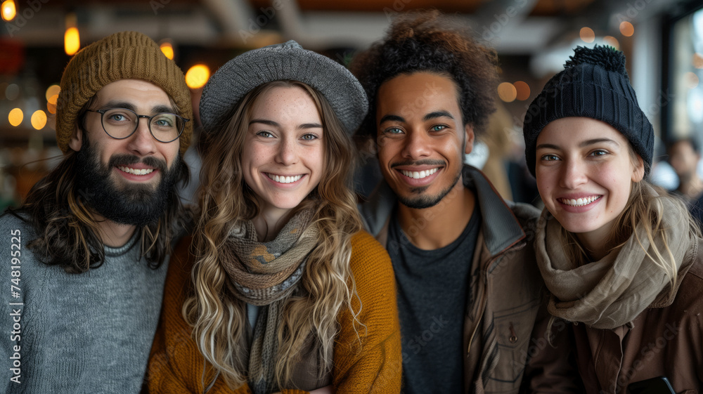 a diverse group of young people from different backgrounds in winter clothes inside a hotel, enjoying their winter holidays together a diverse group of young people from different backgrounds in winter clothes inside a hotel, enjoying their winter holidays together