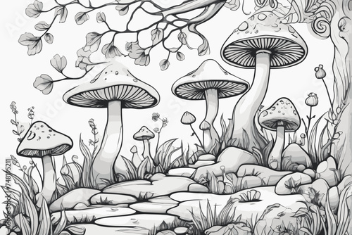 mushrooms in the forest line art