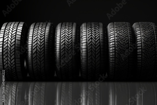 High quality car tires suitable for all weather conditions and different seasons on black background © Iuliia