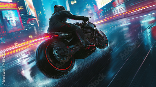 Action shot with man riding a bike in futuristic cyberpunk city. Dynamic scene with motorcycle ride in action movie blockbuster style. © swillklitch