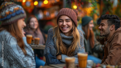 Young girl enjoying fun moments between friends having coffee on an outdoor terrace in winter at sunset