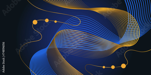 Blue and gold luxury abstract background with glowing golden wave. Modern blue gradient flowing gold wave lines. Shiny futuristic technology concept. Vector illustration