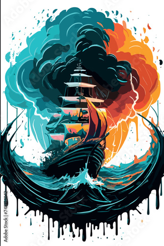 Old sail ship, frigate in the sea detailed sketch.