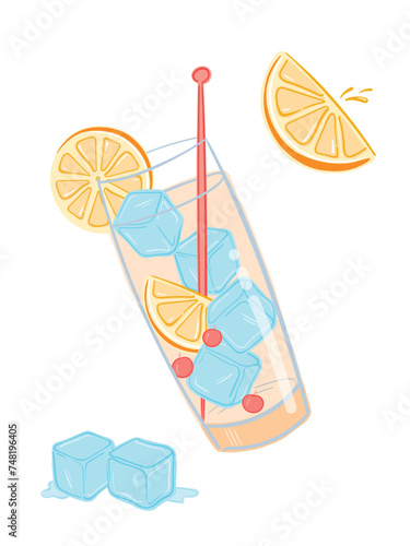 Cocktail vector illustration. Long drink, cold lemonade drawing.