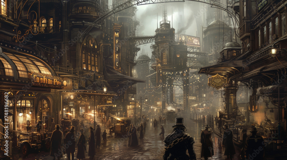 Background The busy streets of a steampunk city filled with skysers powered by steam and bustling with workers clad in similar fashion.