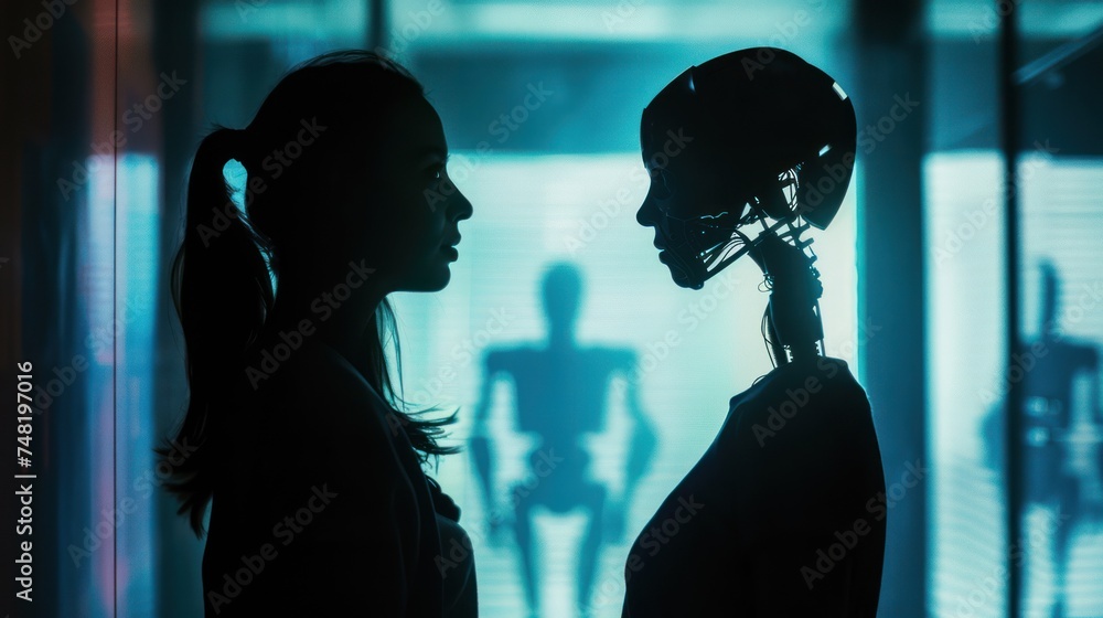Confrontation of Humanity: Woman versus AI in a Dark and Eerie Face Off with Shadows and Tension