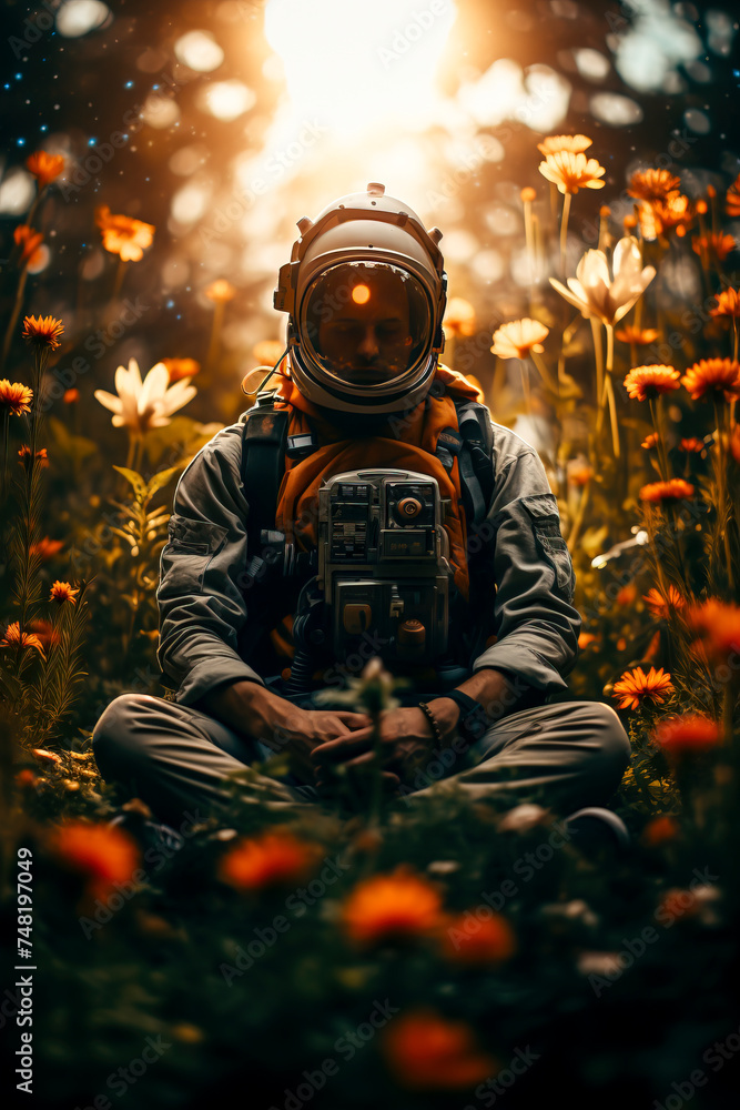 Astronaut Amidst Wildflowers, Earthly Contemplation created with Generative AI technology Astronaut Amidst Wildflowers, Earthly Contemplation created with Generative AI technology