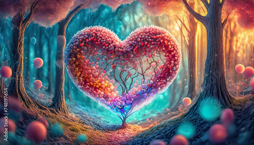 Arbre avec coeurs et feuillages de couleur rose et rouge avec sublime bokeh, Saint Valentin, mariage, sentiment d'amour et de romantisme	
