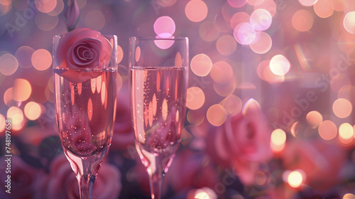 Two glasses of champagne and roses on bokeh background. Valentine's day