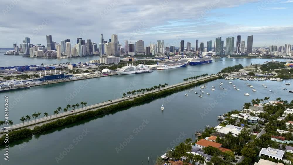 Aerial view of Miami City Skyline, Florida, USA. January 4, 2024. Cruise Line Port Aerial view of Miami City Skyline, Florida, USA. January 4, 2024. Cruise Line Port