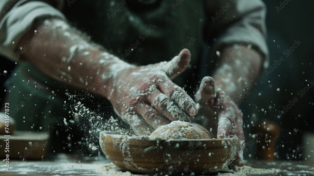 Fototapeta premium Close-up of male hands kneading dough on wooden table.