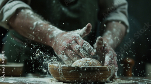 Close-up of male hands kneading dough on wooden table.