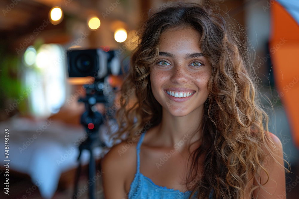 Portrait of a beautiful young woman with curly hair making a video blog in a restaurant Portrait of a beautiful young woman with curly hair making a video blog in a restaurant
