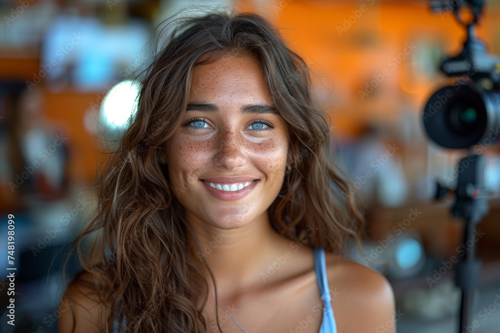 Portrait of a beautiful young woman with curly hair making a video blog in a restaurant