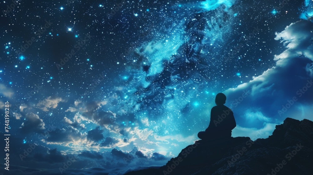 A person gazing up at a starry sky breath taken away by the magnitude and wonder of the universe symbolizing the profound connection between humans and the infinite A person gazing up at a starry sky breath taken away by the magnitude and wonder of the universe symbolizing the profound connection between humans and the infinite