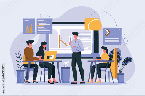 The team works in the office for laptops. Concept workplace, group with woman, girl, and man Illustration concept.