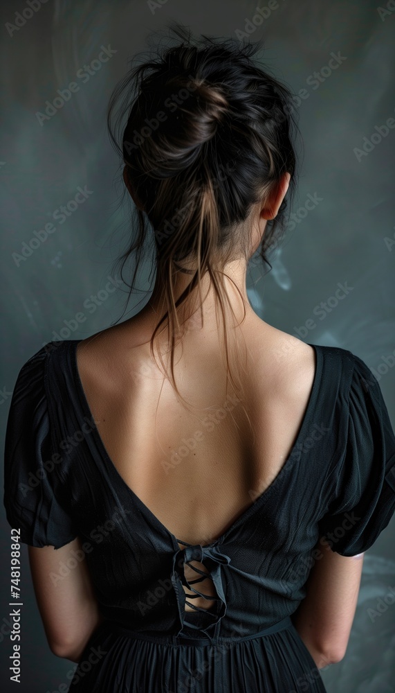 Naklejka premium Backview on upper body of a young brunette girl with hair bun wearing black dress with open back on neutral grey background in studio shot