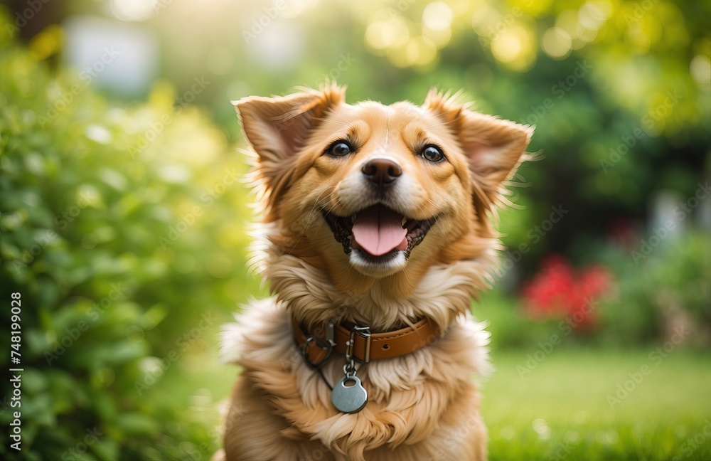 Funny dog expression with backdrop of a green garden Funny dog expression with backdrop of a green garden