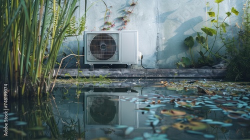 Surreal Reflection  Abstract Shot of Air Source Heat Pump at Nearby Pond  Challenging Perceptions of Energy Consumption and Conservation