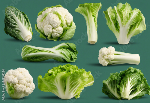 Collection of organic natural full cauliflower cabbage and romaine lettuce vegetable isolated on tra