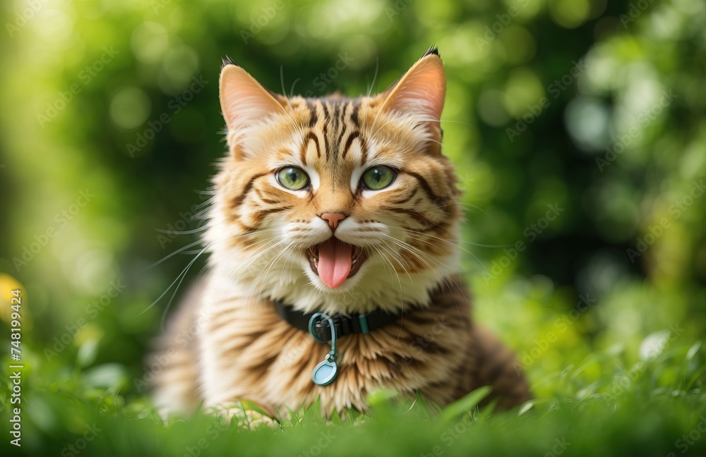 Funny cat expression with backdrop of a green garden