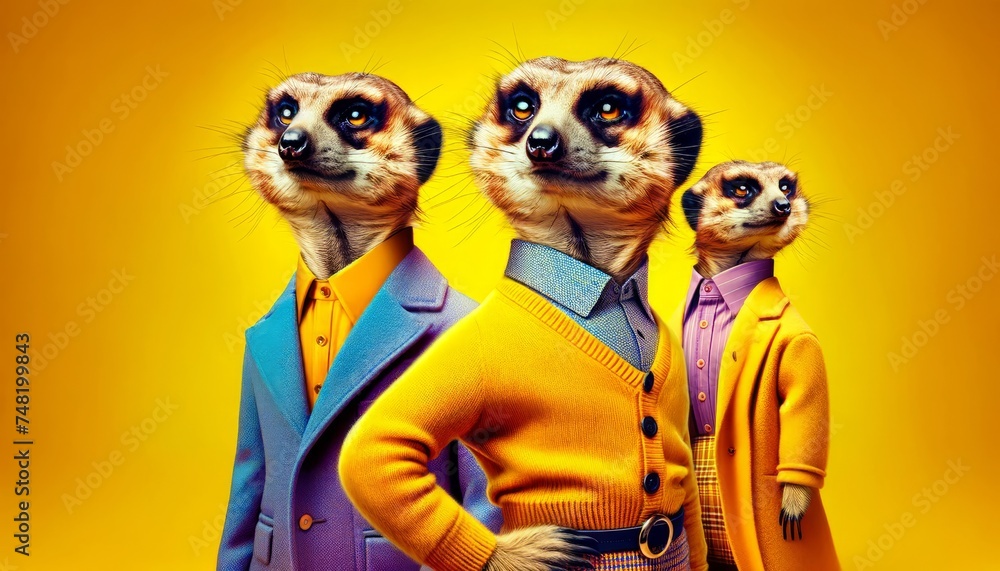 Quirky digital art of meerkats dressed in colorful suits posing against a yellow background ideal for humorous and creative content