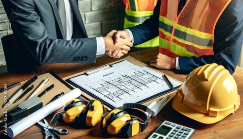 A close-up photo of a professional handshake over construction plans with work gear around